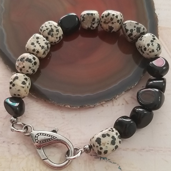 Dalmatian Jasper, Black Obsidian bracelet - Picture 6 of 8